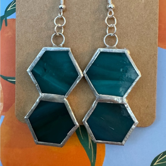 Handmade Imperfect Blue Stained Glass Hexagon Earrings - Picture 2 of 2